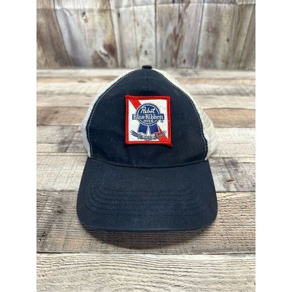 VTG Pabst Blue Ribbon Beer Snap Back Red White Blue Adjustable Trucker Cap - Picture 1 of 6